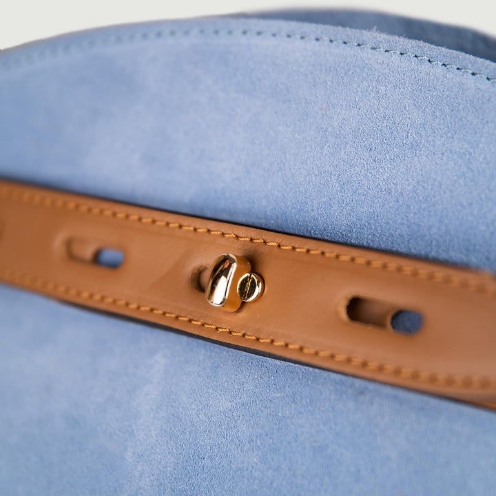 BORSA A TRACOLLA IN CAMOSCIO AZZURRO CON INSERTI IN PELLE CUOIO "SOPH" SOPH CARTA ZUCCHERO BIMOR 