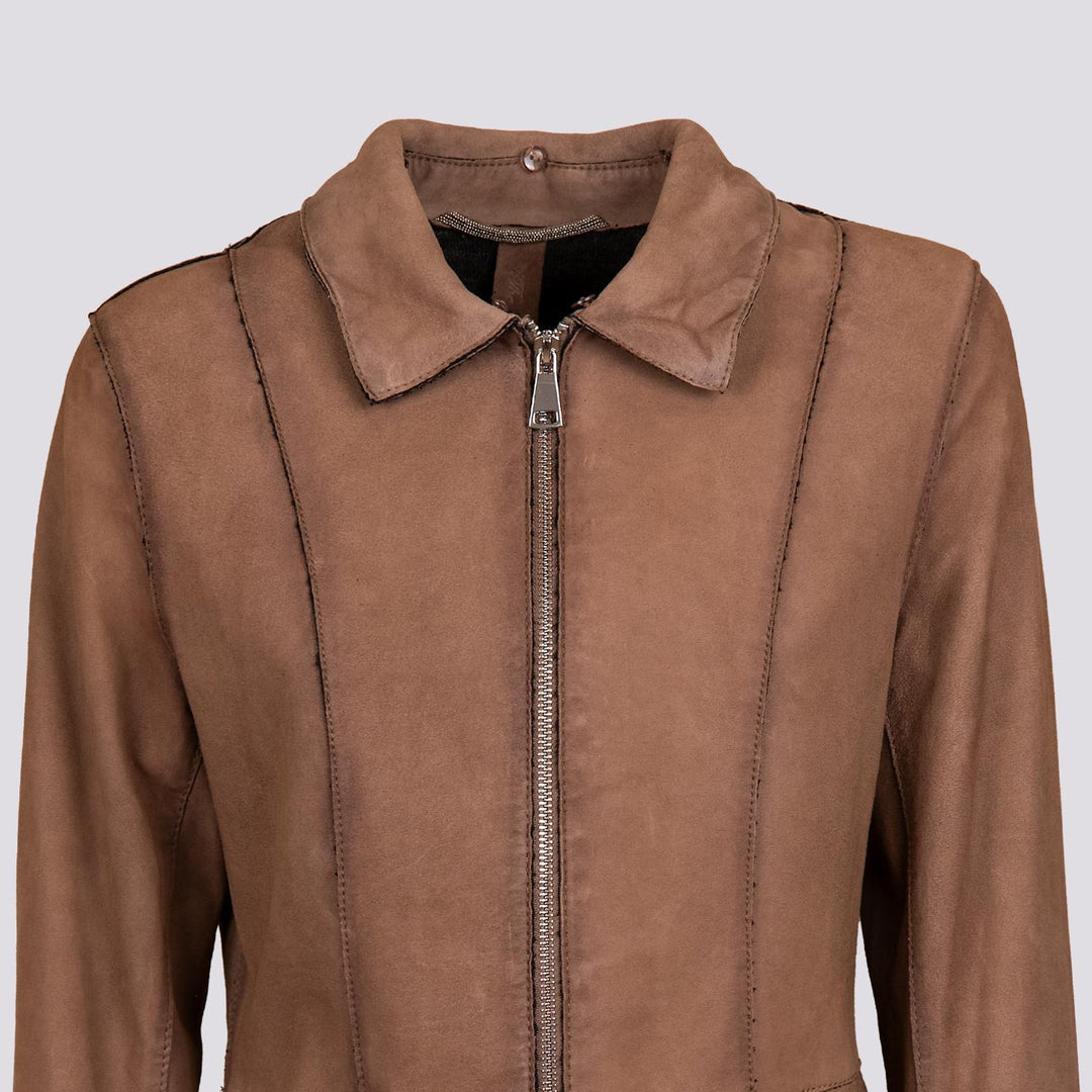 GIUBBOTTO IN CAMOSCIO CON ZIP E COLLO IN MONTONE TABACCO BET8 87 JACK LEATHER 