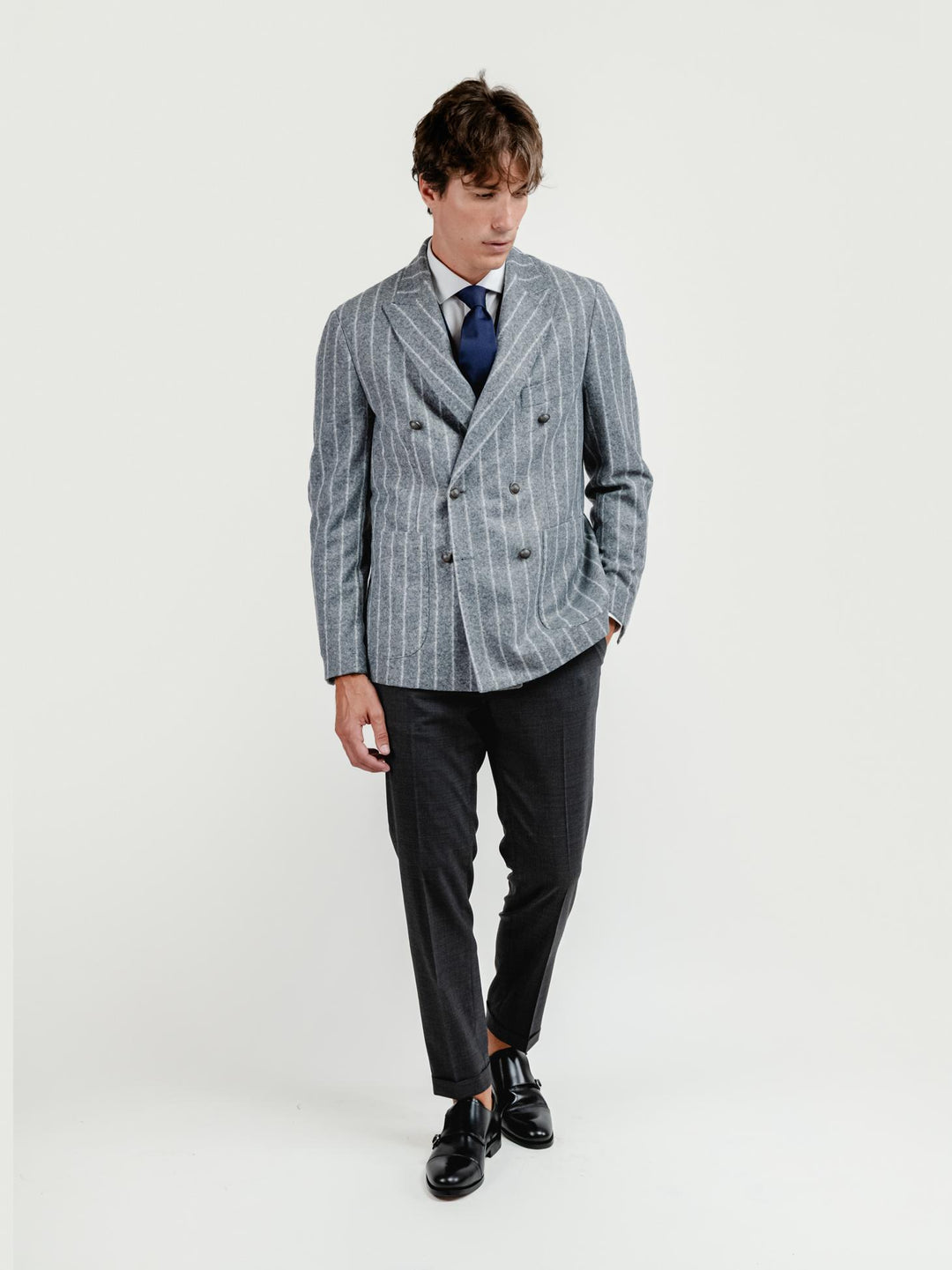 BLAZER DOPPIOPETTO MISTO LANA GESSATO GRIGIO G007 172 ANDREA MORANDO 