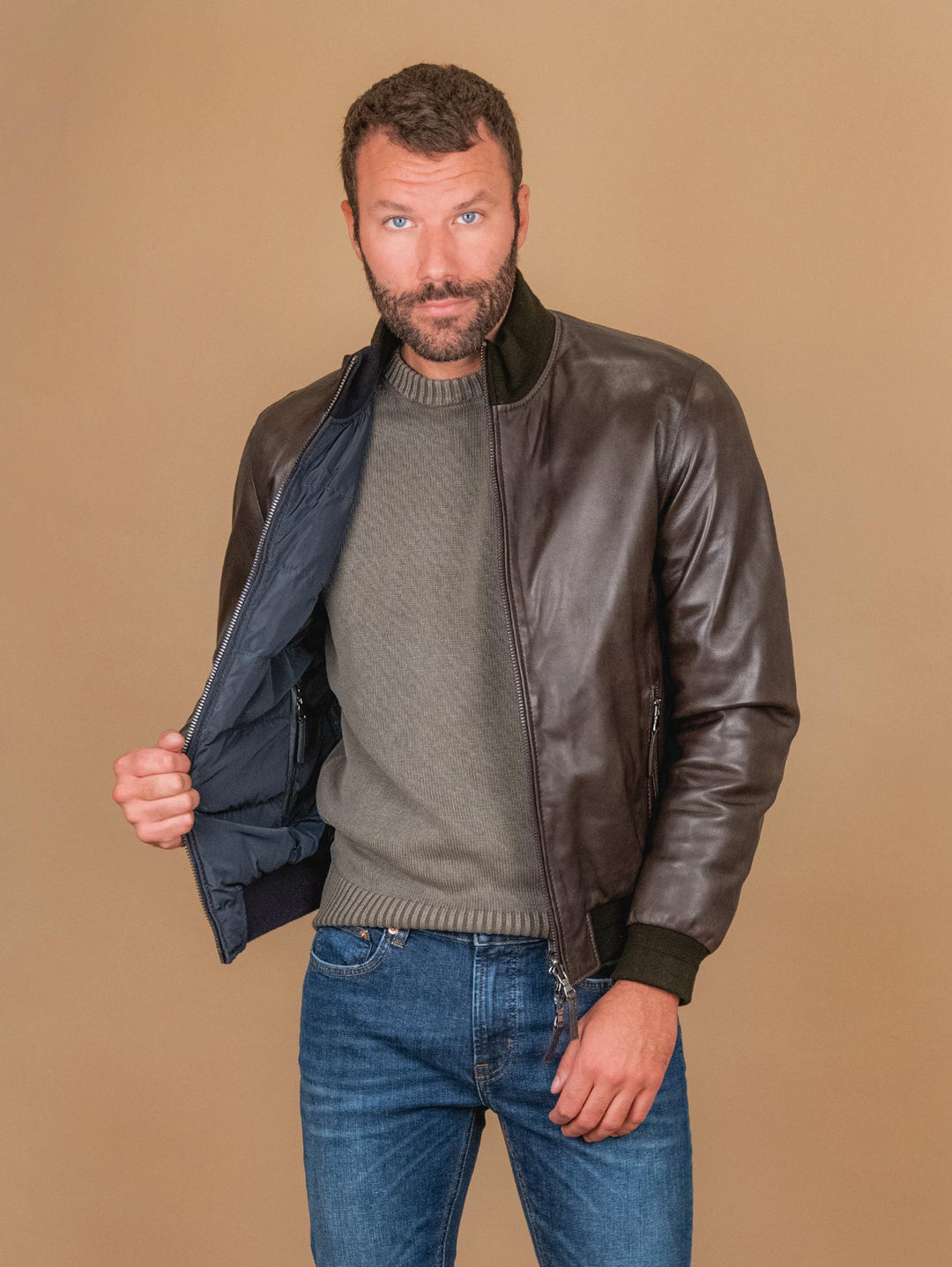 GIUBBOTTO IMBOTTITO IN PELLE NAPPA MARRONE DEREK SEAMLESS DEREK SEAMLESS 06 JACK LEATHER 