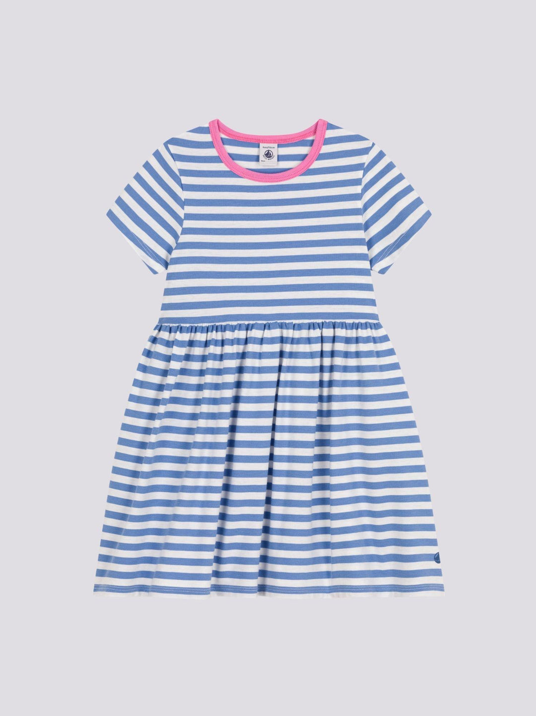 ABITO A MANICHE CORTE IN COTONE A RIGHE AZZURRE BAMBINA A09SU 02 PETIT BATEAU 