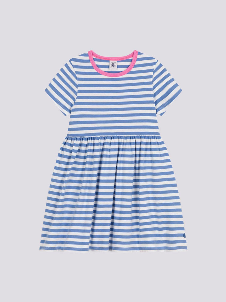 ABITO A MANICHE CORTE IN COTONE A RIGHE AZZURRE BAMBINA A09SU 02 PETIT BATEAU 
