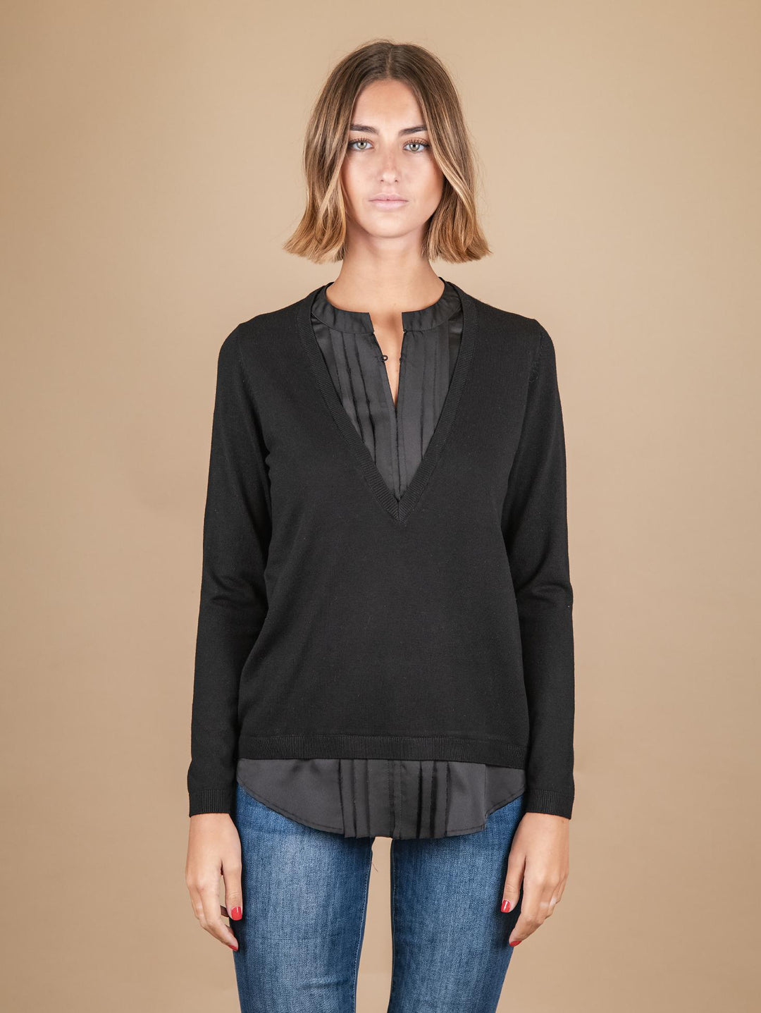 Blusa nera con inserto in seta 2351011 099 ANDREA MORANDO 