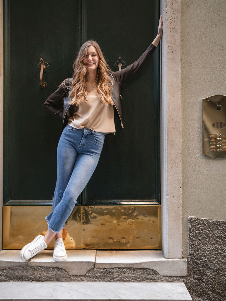 JEANS 5 TASCHE SFRANGIATO IN DENIM CHIARO 1356 DENIM CHIARO ANDREA MORANDO 