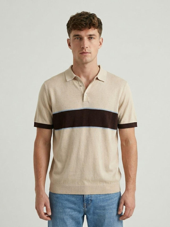 Polo in maglina sabbia con dettagli navy 8-LY0014 2001 ANDREA MORANDO 