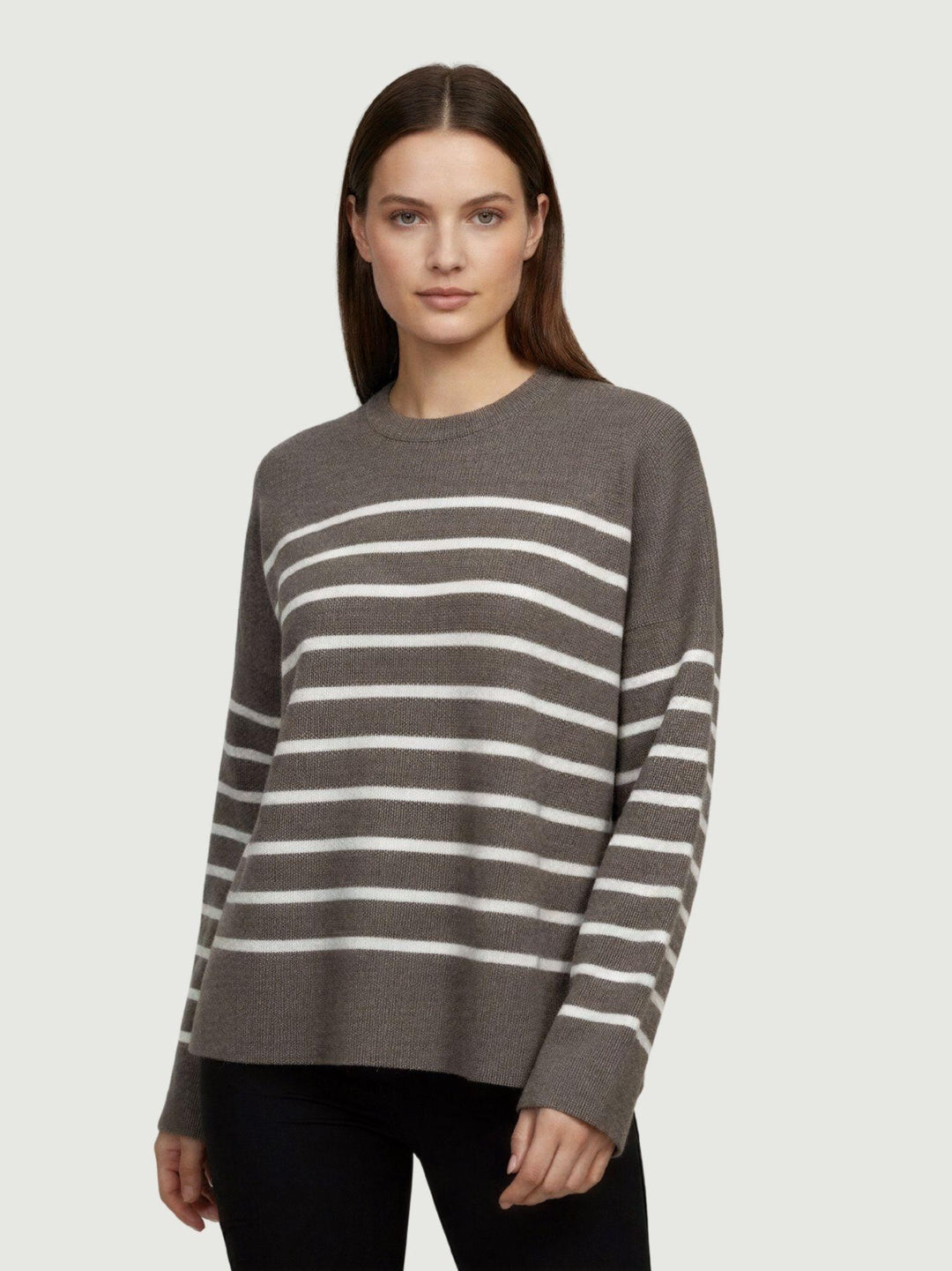 Maglia in lana noce a righe bianche 14284M NOCE-NATURALE ANDREA MORANDO 