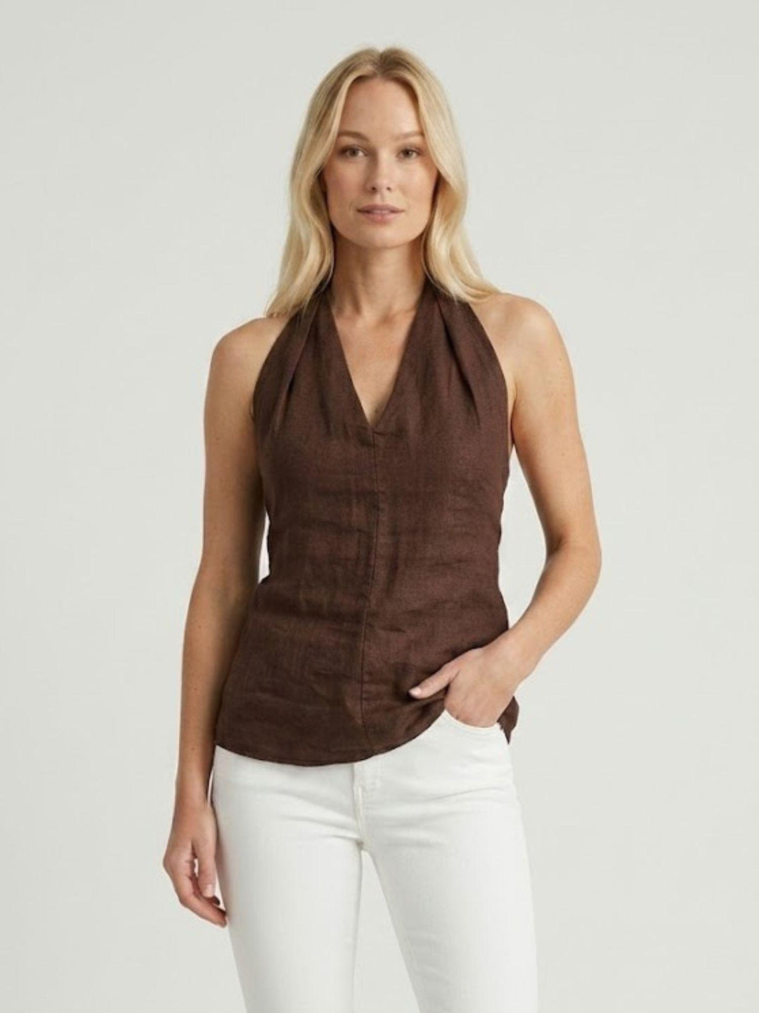 Top con scollo a V in lino tabacco 6TS0527 TABACCO ANDREA MORANDO 
