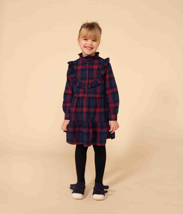 ABITO A MANICHE LUNGHE IN FLANELLA DI COTONE A QUADRI BAMBINA A082J 01 PETIT BATEAU 