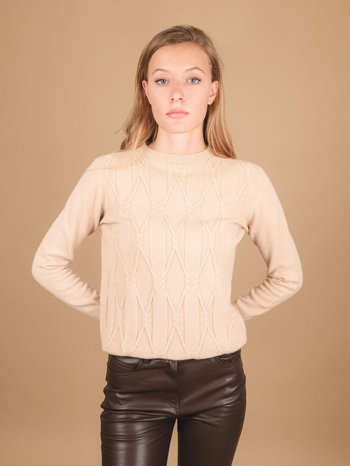 MAGLIA GIROCOLLO CON MAXI INTRECCIO FRONTALE BEIGE 0170/09 0234 BIMOR 