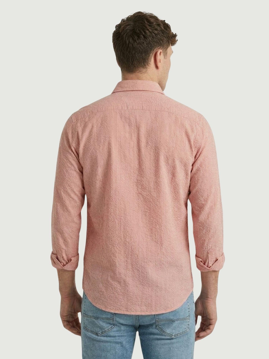 Camicia in cotone seersucker a righine rosse e bianche slim MALDIVES/SLIM 601-R662 ANDREA MORANDO 