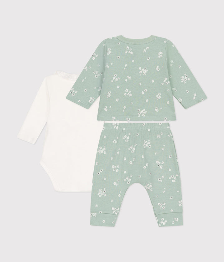 Completo verde con stampa floreale 3 pezzi in tubique neonato A0BMZ 01 PETIT BATEAU 