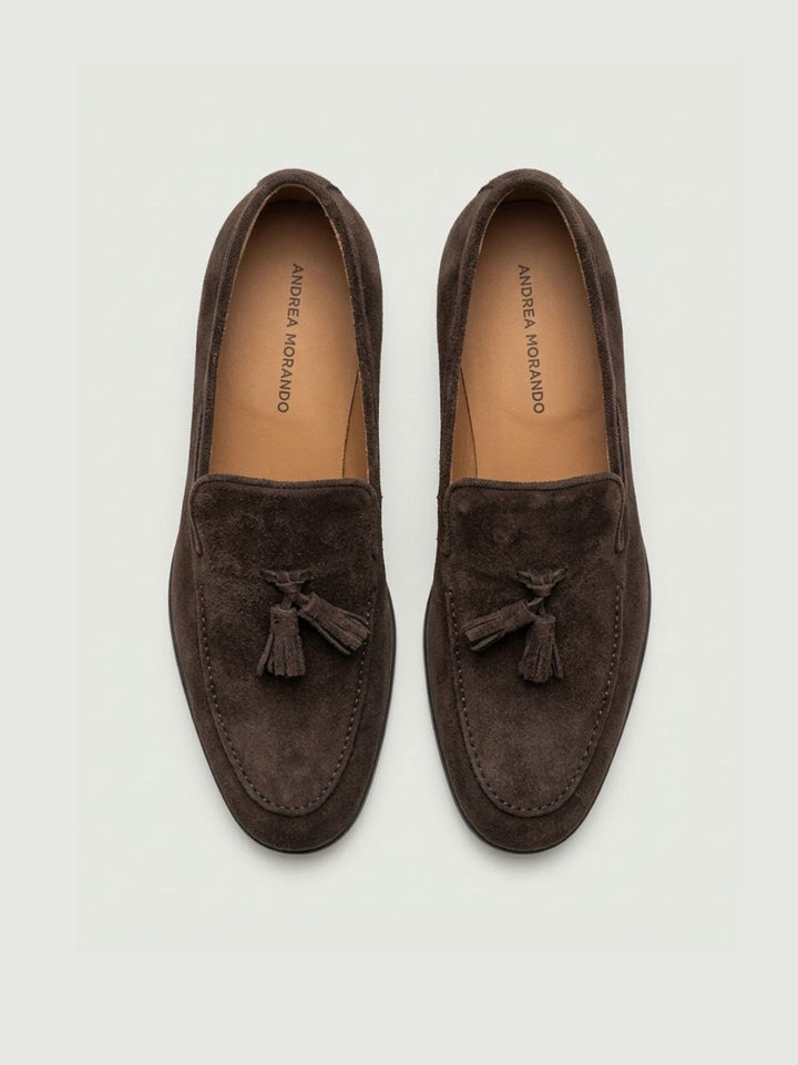 Mocassino Tassel Loafer in pelle scamosciata cioccolato 1128 CACAO ANDREA MORANDO 