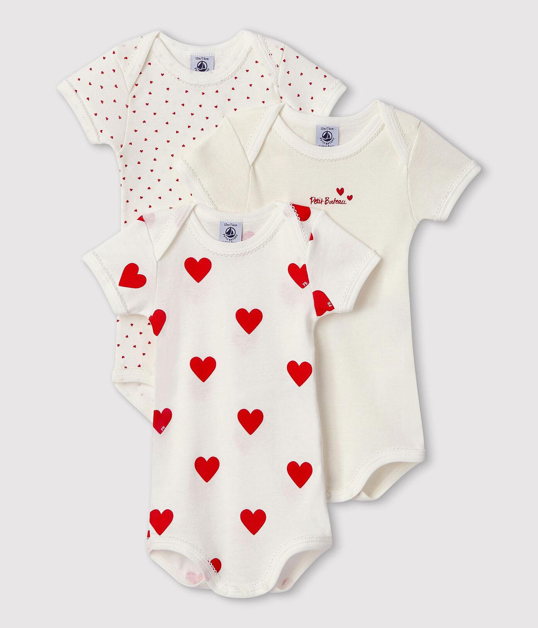 CONFEZIONE DA 3 BODY BEBÈ IN COTONE MOTIVO CUORE A00BB 00 PETIT BATEAU 