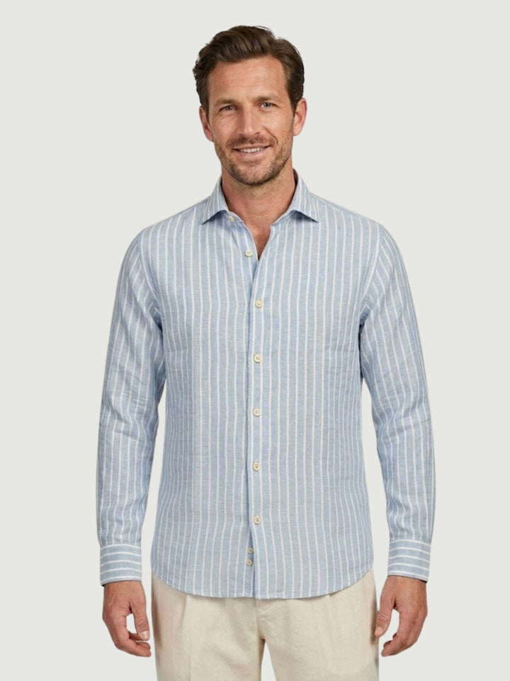 Camicia in lino azzurra con righe bianche BU26S02CALINCOT416 240 ANDREA MORANDO 
