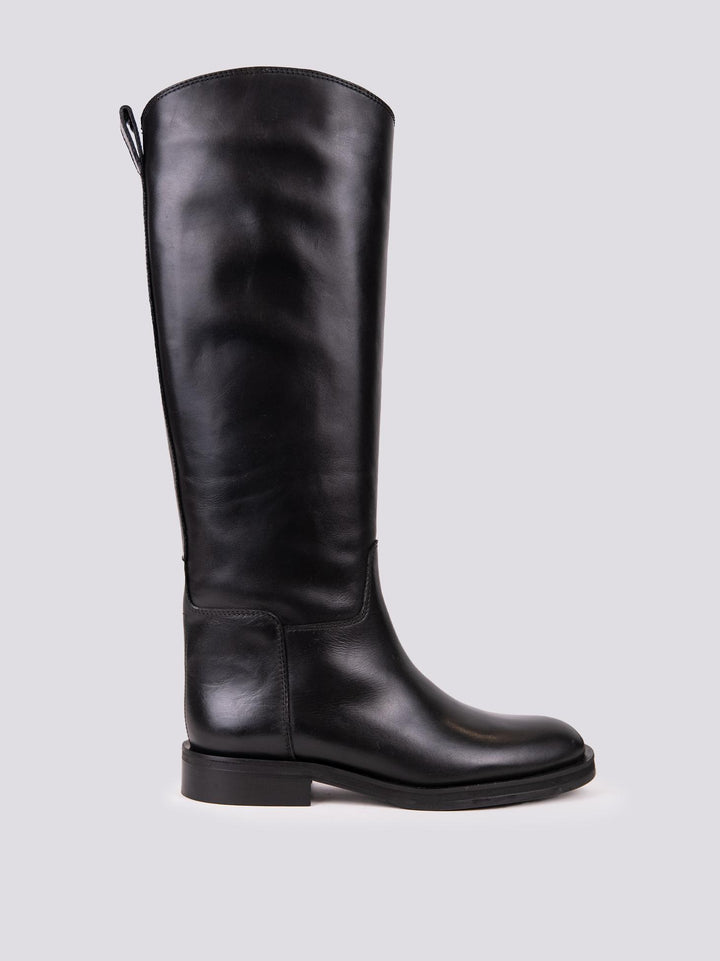 STIVALE ALTO IN PELLE NERA CON GAMBALE ASIMMETRICO B4490 NERO ANDREA MORANDO 