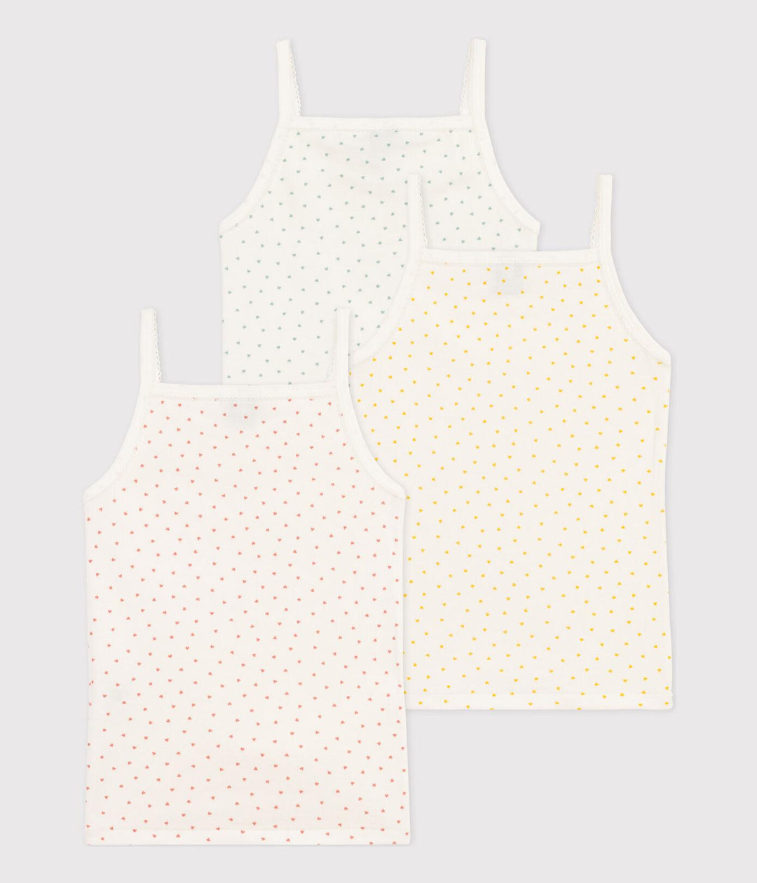 CONFEZIONE DA 3 CANOTTIERE BAMBINA CON SPALLINE IN COTONE A CUORICINI A08LO 00 PETIT BATEAU 