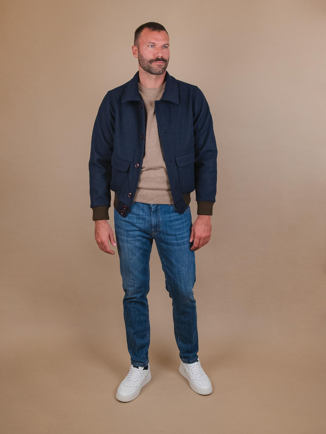GIACCA  CON PROFILI A CONTRASTO IN TESSUTO BLU RJ04 NAVY ANDREA MORANDO 