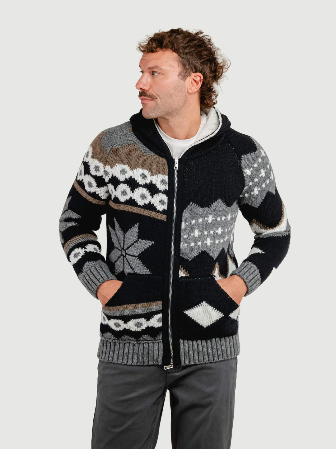 MAGLIONE CON CAPPUCCIO E  ZIP MULTICOLOR MELANDRO BLU/TORTORA ANDREA MORANDO 