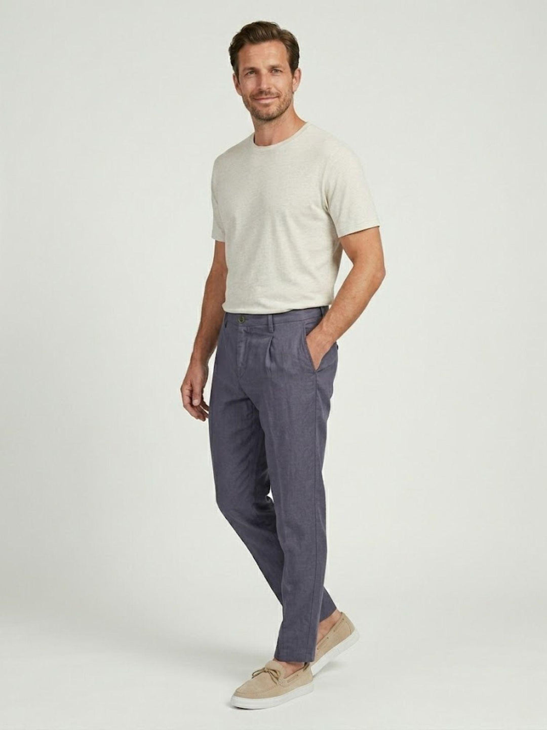Pantalone chino in lino e cotone blu acciaio P-TONY 121 ANDREA MORANDO 