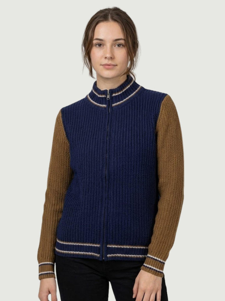 MAGLIONE A COLLO ALTO CON ZIP BLU E TABACCO ELIANOD BLU/SPEZIE ANDREA MORANDO 
