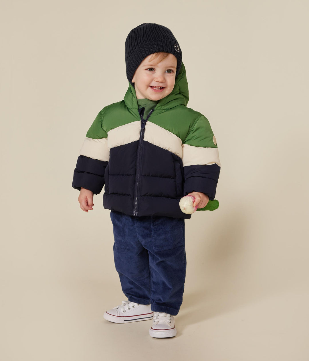 Piumino color block verde, crema e blu con cappuccio A0B43 01 PETIT BATEAU 