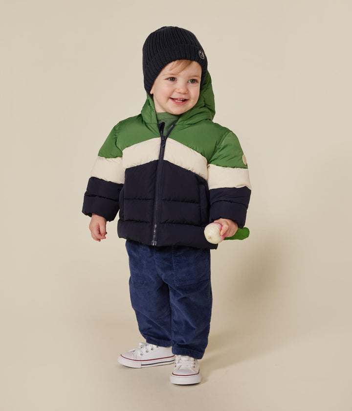 Piumino color block verde, crema e blu con cappuccio A0B43 01 PETIT BATEAU 