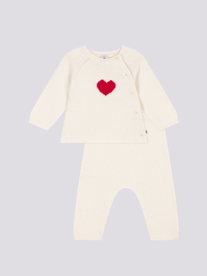 COMPLETO IN TRICOT LANA E COTONE CON MOTIVO A CUORE  BEBÈ A0839 03 PETIT BATEAU 
