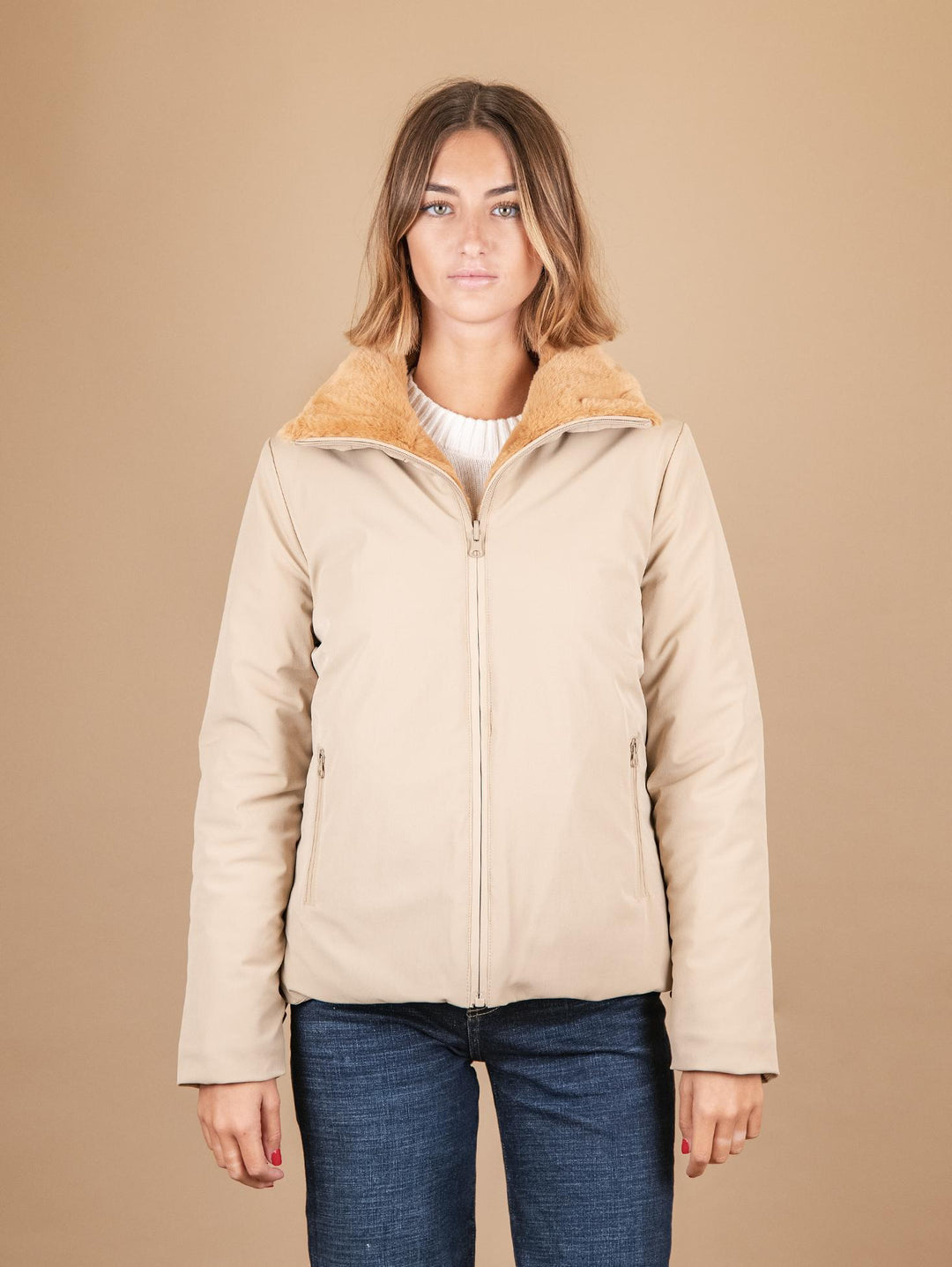 GIUBBOTTO REVERSIBILE IN TESSUTO TECNICO E ECO-PELLICCIA BEIGE 247D BEIGE ANDREA MORANDO 