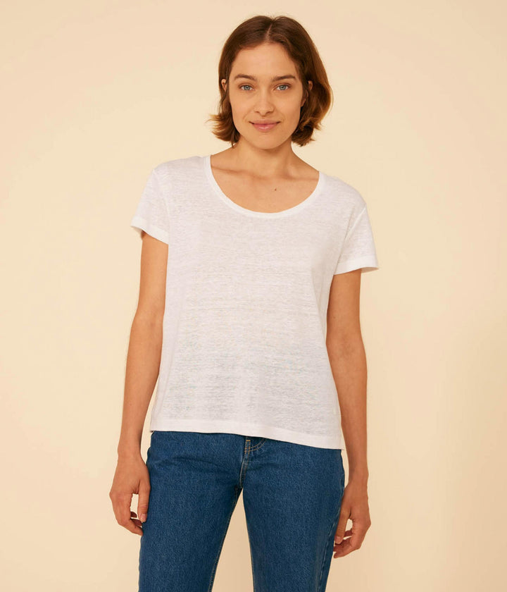 T-SHIRT LE DROIT GIROCOLLO IN LINO DONNA BIANCA A09R7 01 PETIT BATEAU 