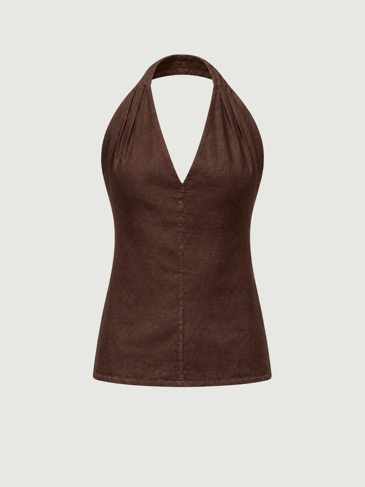 Top con scollo a V in lino tabacco 6TS0527 TABACCO ANDREA MORANDO 