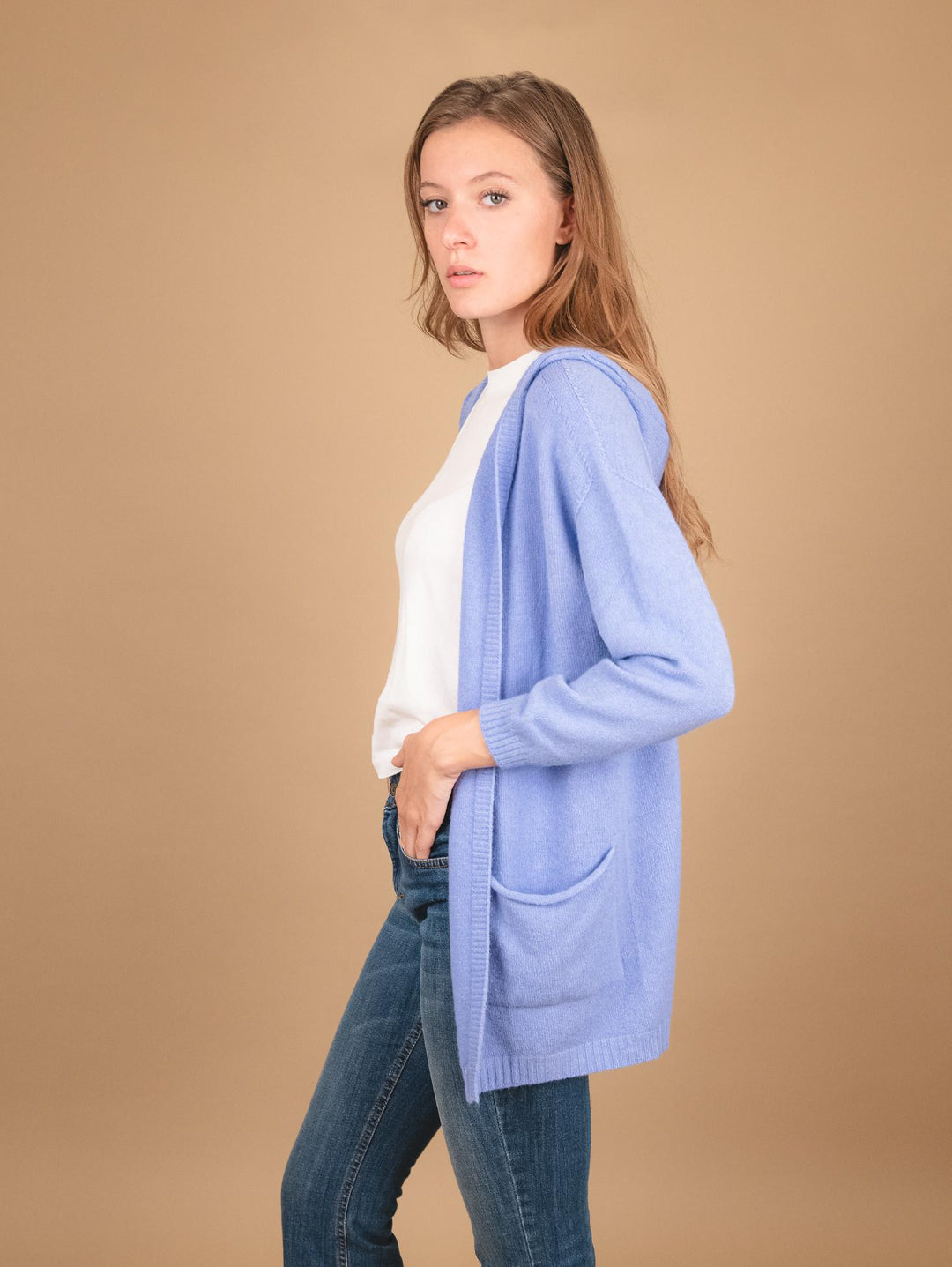 CARDIGAN LUNGO APERTO CON CAPPUCCIO AZZURRO 0170/39 8013 BIMOR 