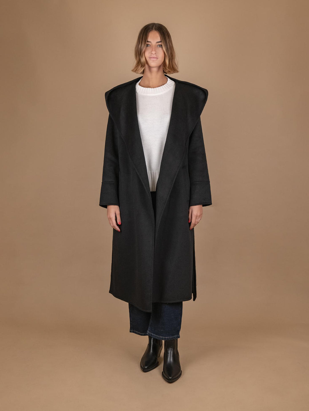 CAPPOTTO LUNGO CON CAPPUCCIO IN MISTO LANA NERO 863D NERO ANDREA MORANDO 