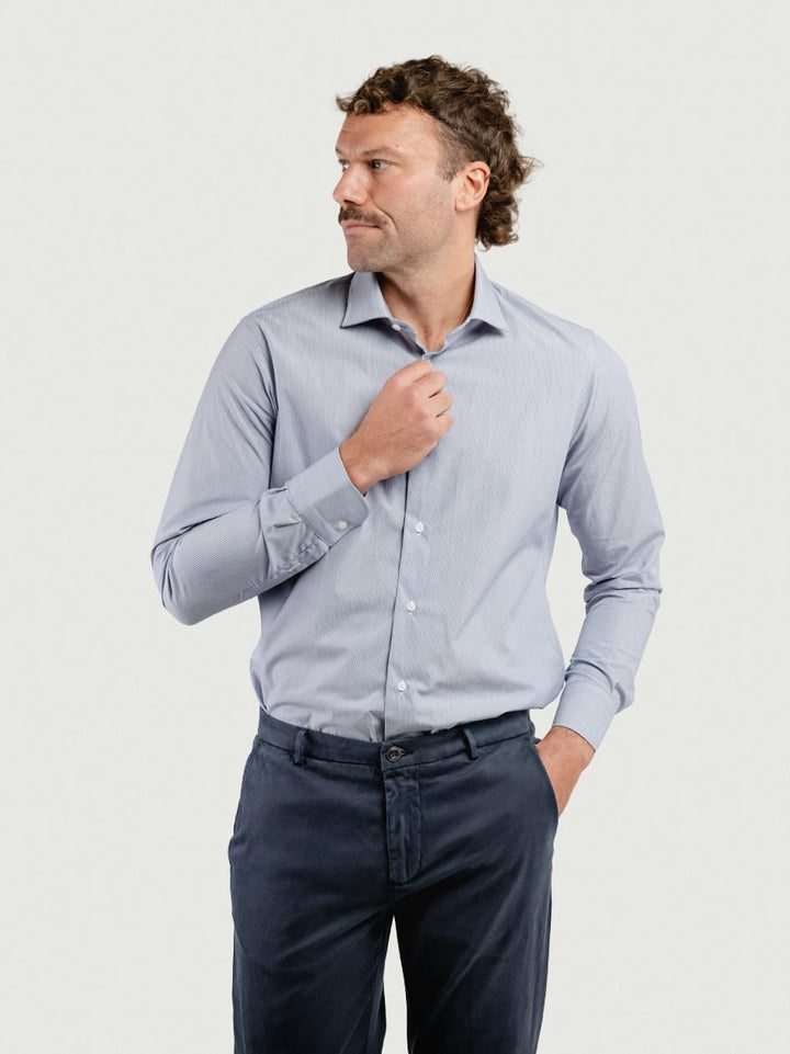 CAMICIA SLIM IN TWILL DI COTONE CON FANTASIA MICRORIGA BLU TWILLSLIM RIGA BLU ANDREA MORANDO 