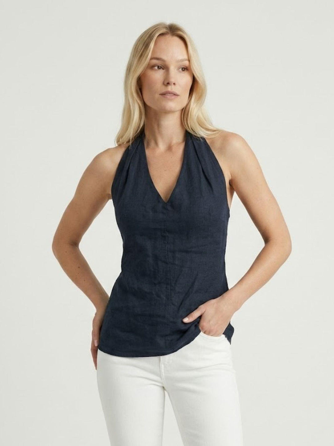Top con scollo a V in lino navy 6TS0527 NAVY ANDREA MORANDO 