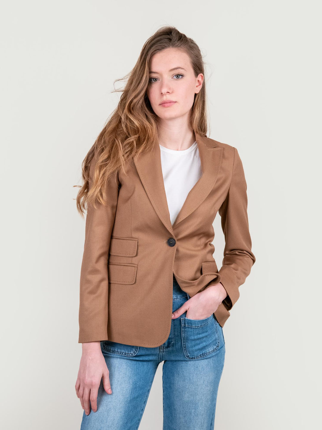 BLAZER MONOPETTO IN TESSUTO ELASTICIZZATO CAMMELLO 93353VST 51 ANDREA MORANDO 