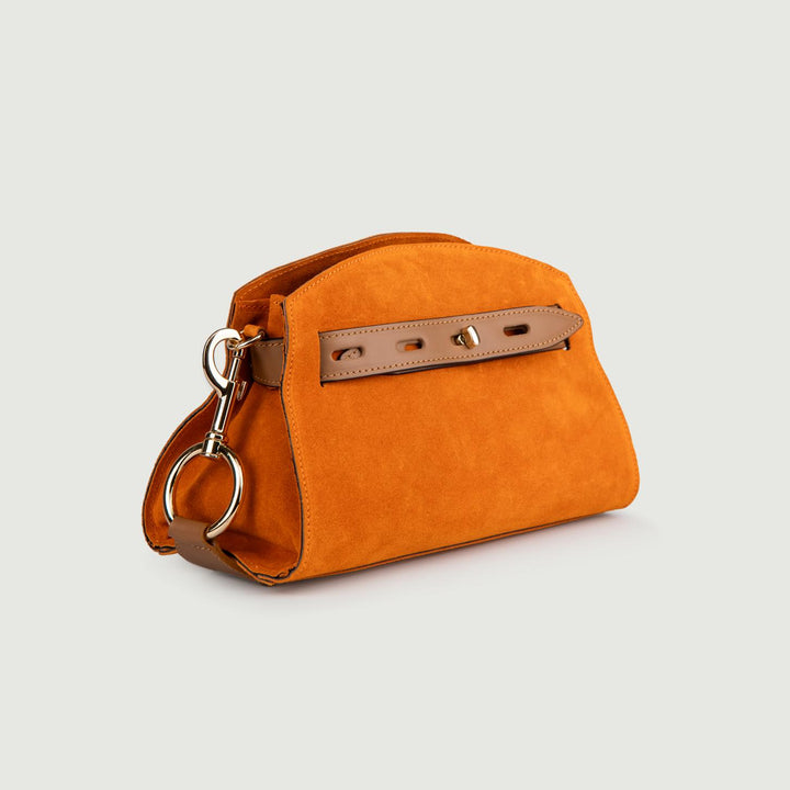 BORSA A TRACOLLA IN CAMOSCIO ARANCIONE CON INSERTI IN PELLE CUOIO "SOPH" SOPH ARANCIO BIMOR 