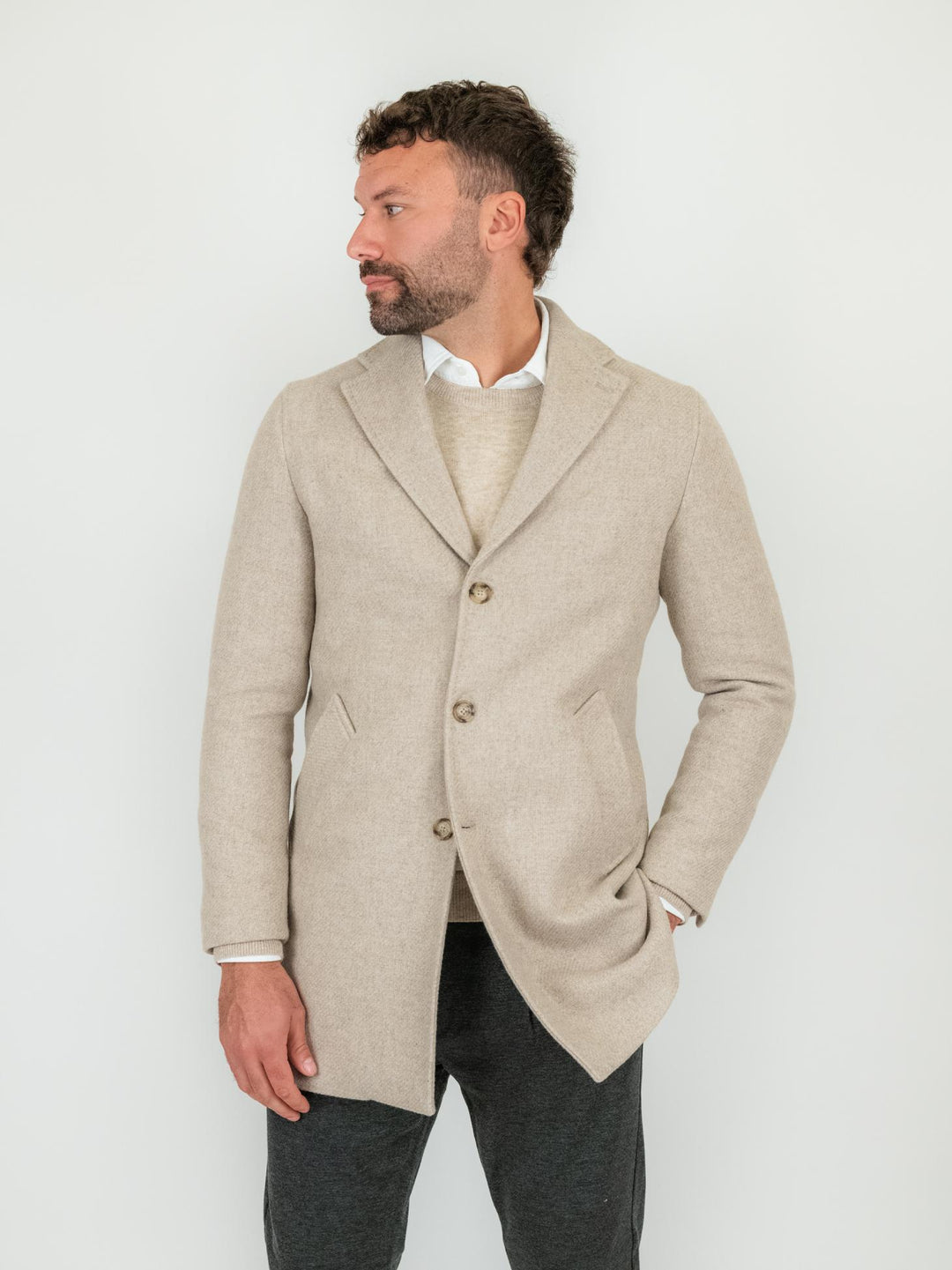 CAPPOTTO MONOPETTO BEIGE IN LANA GRACCHIO BEIGE ANDREA MORANDO 