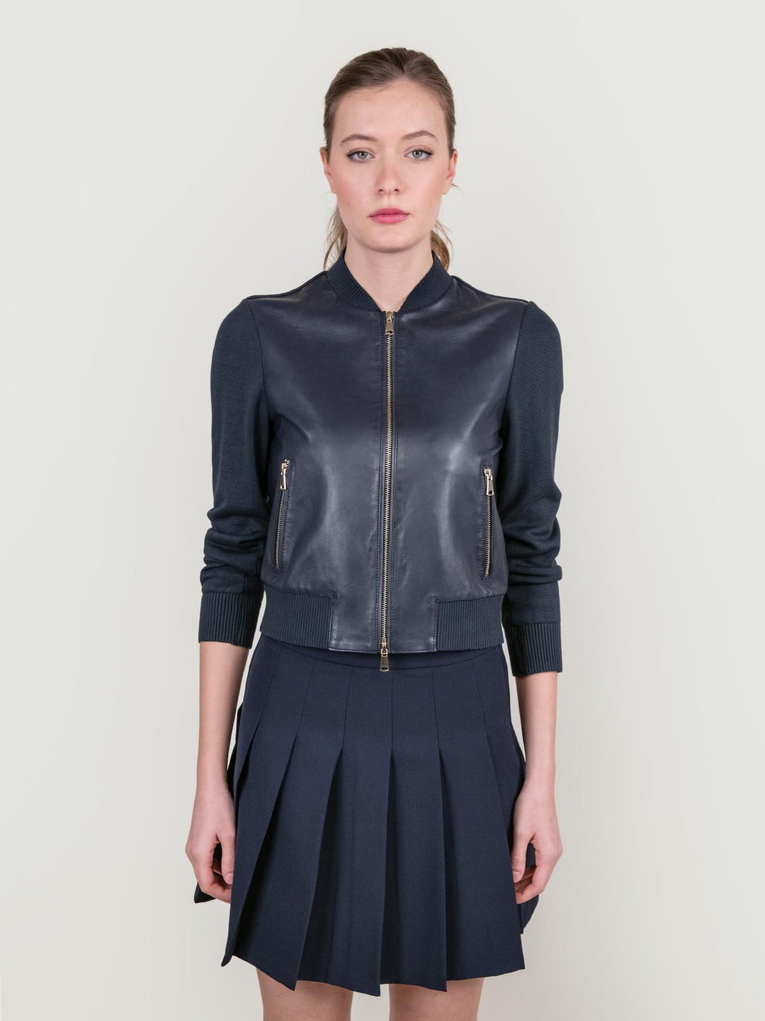 GIUBBOTTO IN PELLE E MAGLIA BLU VANIGLIA 09 JACK LEATHER 