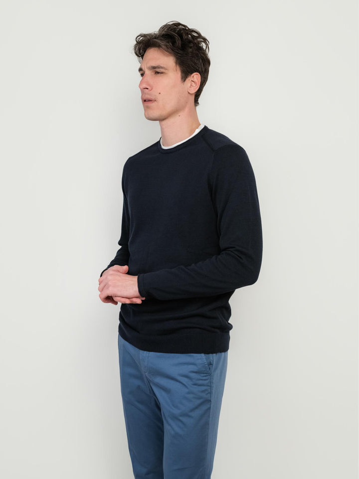 MAGLIA GIROCOLLO IN COTONE BLU CON INSERTO T-SHIRT