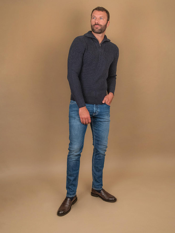 Maglia in cotone blu a costine con chiusura zip 8252223 283 ANDREA MORANDO 