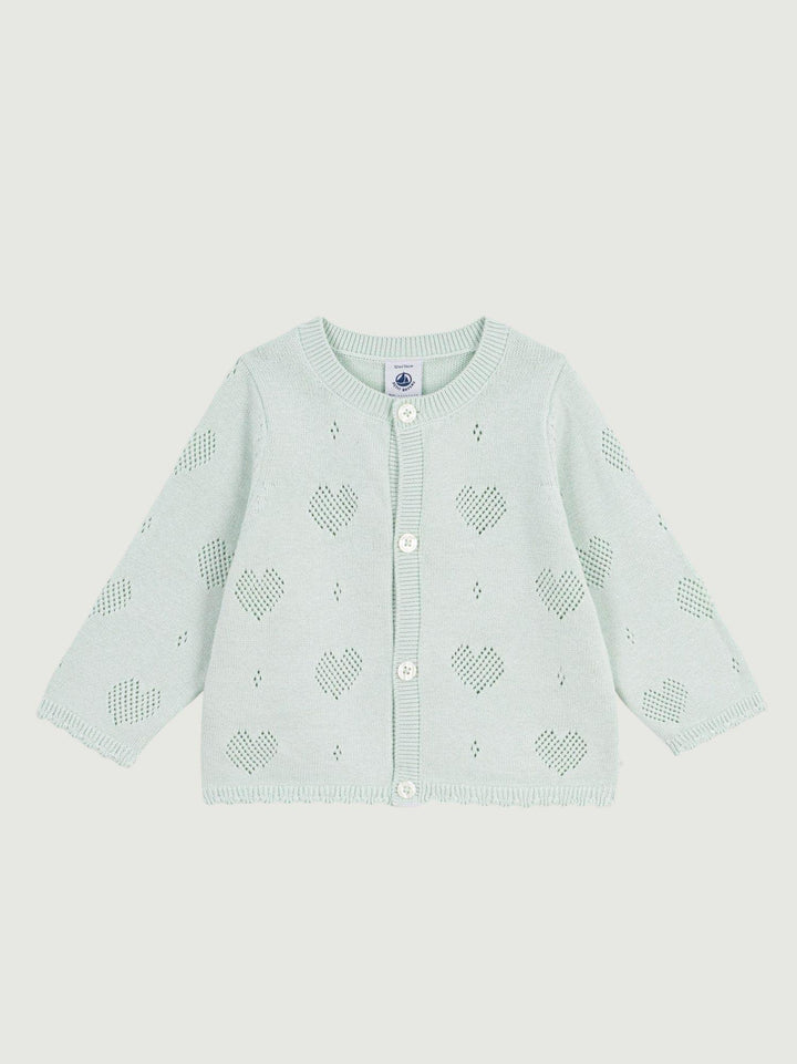 Cardigan in maglia traforata a cuori verde acqua A0EZT 03 PETIT BATEAU 
