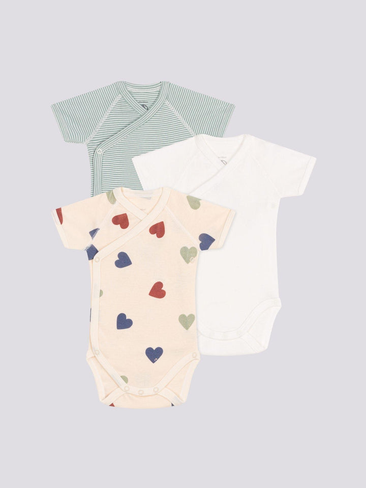 CONFEZIONE DA 3 BODY INCROCIATI IN COTONE BEBÈ CUORI E RIGHE A09UJ 00 PETIT BATEAU 