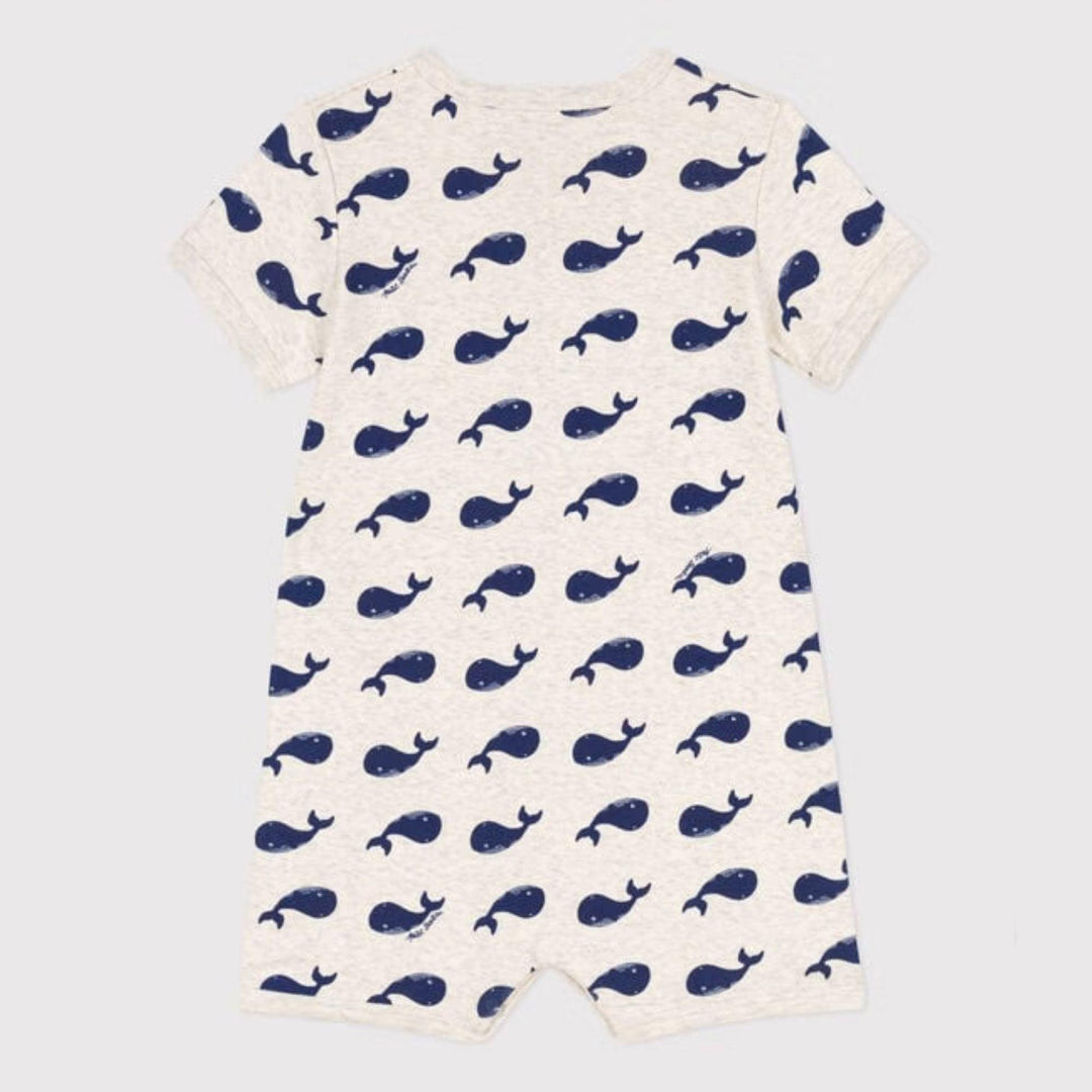 TUTINA CORTA CON BALENE BLU IN COTONE BEBÈ A09G6 01 PETIT BATEAU 
