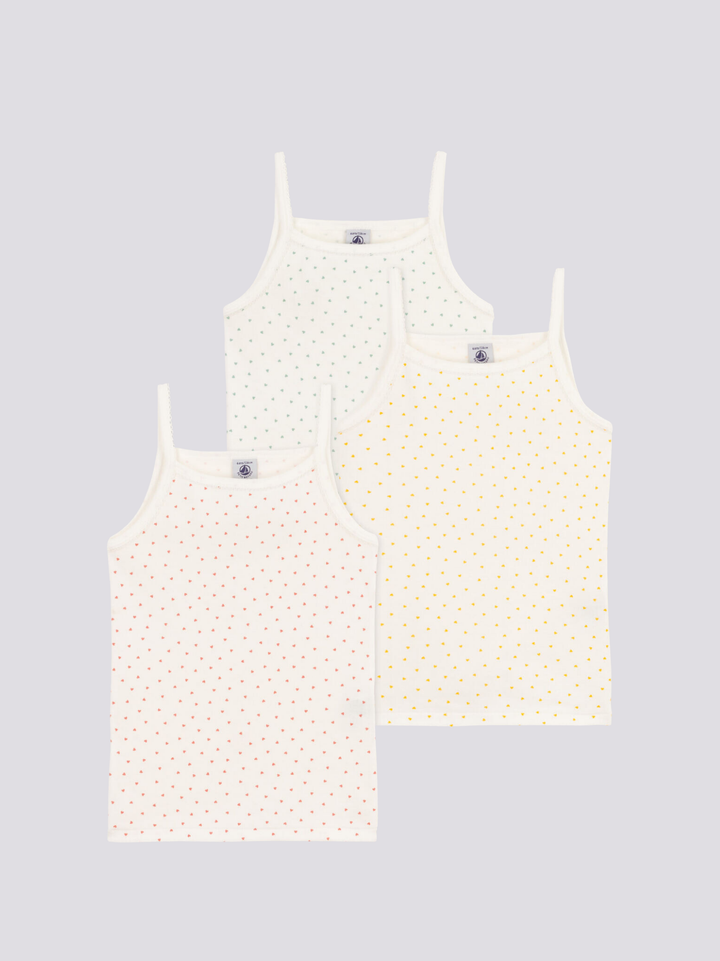 CONFEZIONE DA 3 CANOTTIERE BAMBINA CON SPALLINE IN COTONE A CUORICINI A08LO 00 PETIT BATEAU 