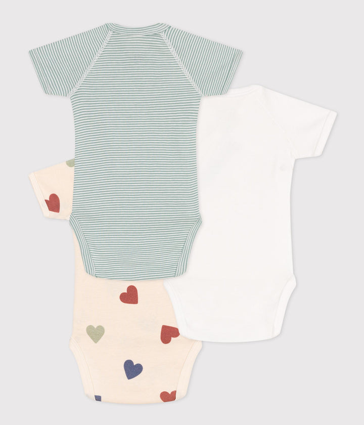 CONFEZIONE DA 3 BODY INCROCIATI IN COTONE BEBÈ CUORI E RIGHE A09UJ 00 PETIT BATEAU 