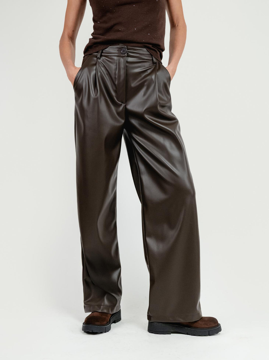 PANTALONE A PALAZZO IN ECOPELLE TESTA MORO P1060/150M MARRONE ANDREA MORANDO 