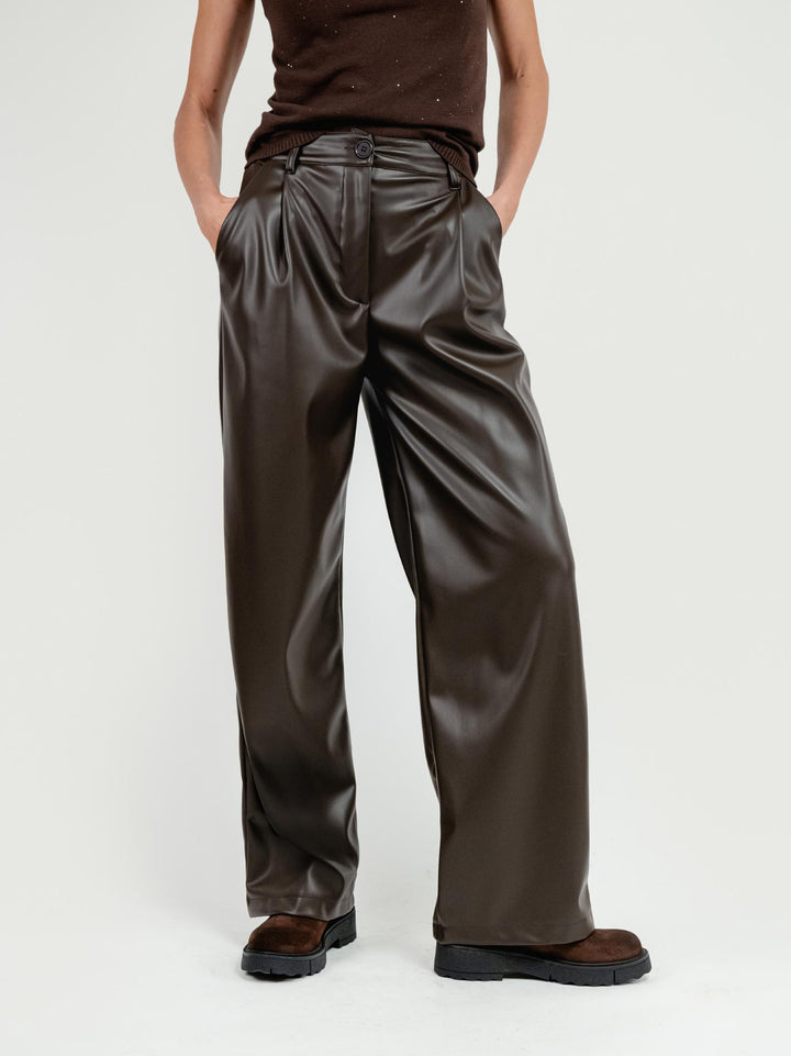 PANTALONE A PALAZZO IN ECOPELLE TESTA MORO P1060/150M MARRONE ANDREA MORANDO 