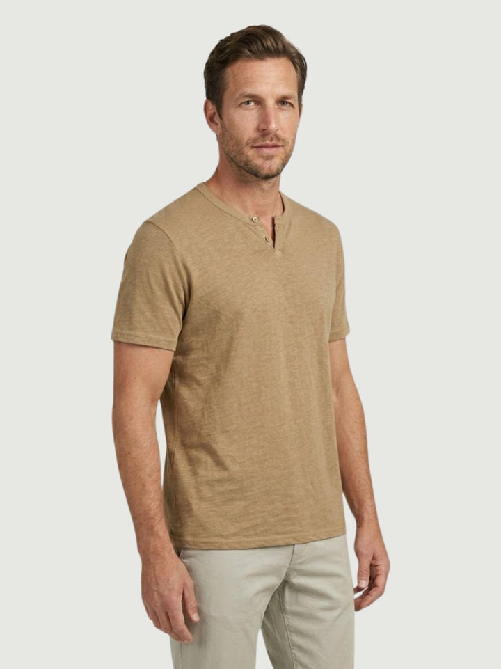 T-shirt collo serafino in misto lino color cammello 6TS0358 FANGO ANDREA MORANDO 