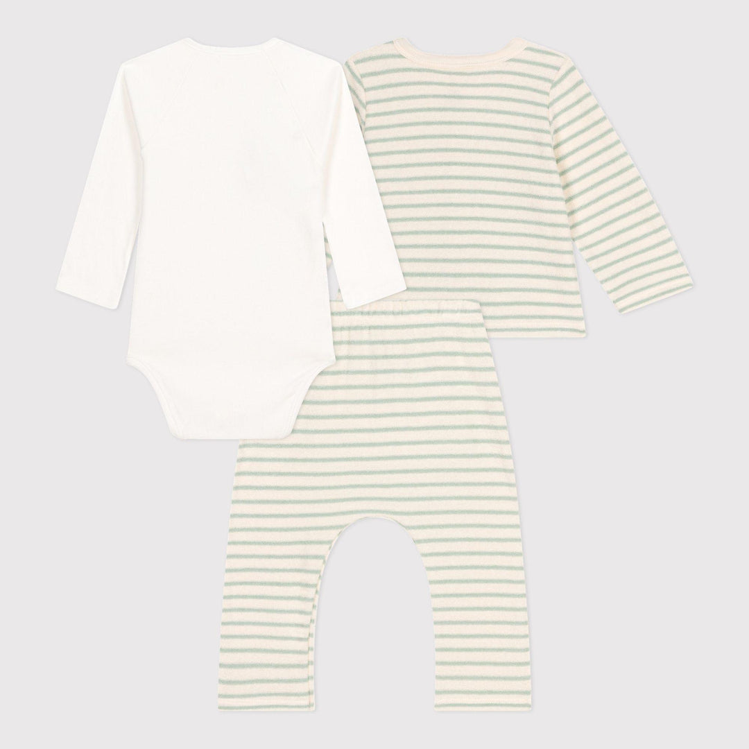 COMPLETO 3 PEZZI BEBÈ IN SPUGNA BOUCLETTE A RIGHE A09HW 01 PETIT BATEAU 