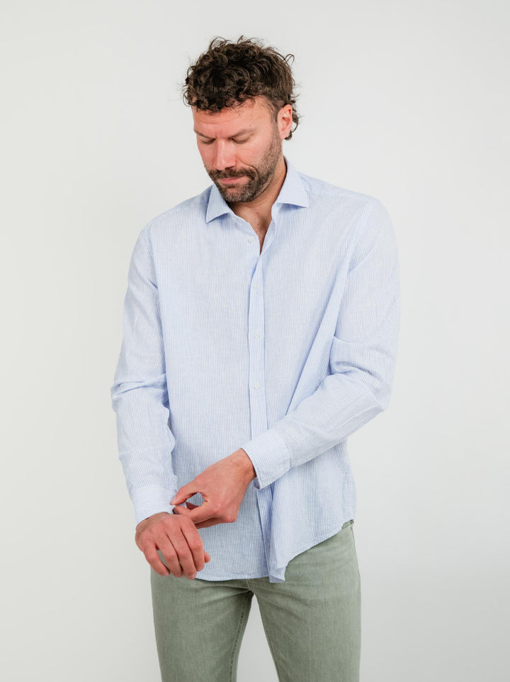 CAMICIA IN LINO E COTONE A RIGHE BIANCHE E AZZURRE